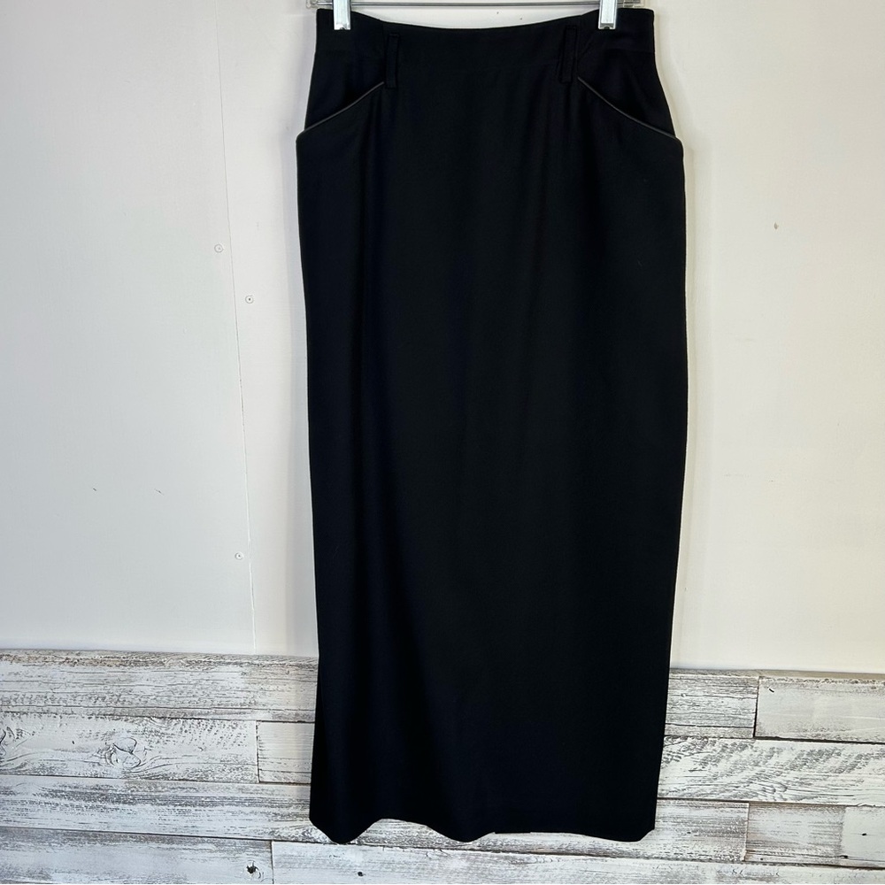 RALPH LAUREN Pencil Maxi Wool Skirt With Faux Leather Trim on Pockets